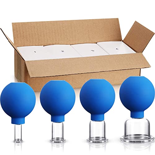 4 Pieces Glass Cupping Set Glass Silicone Cupping Cups Massage Vacuum Suction Cupping Cups for Body Face Leg Arm Back Shoulder Muscle and Joint Pain (Blue)