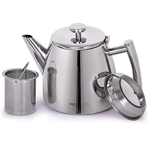 VeoHome Stainless Steel Tea Pot with Infuser - Keeps Heat Thanks to its Double Wall, Silver (1 Liter (34 oz))