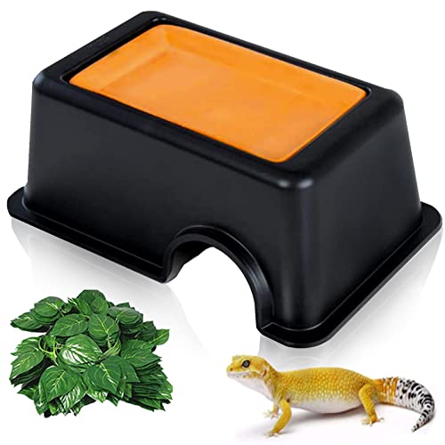 Hamiledyi Reptile Hide Box Gecko Hideout Cave with Sink Humidifier Lizards Hideaway Hut Flexible Leaves Pet Habitat Decor for Snakes Leopard Spiders Turtles Amphibians