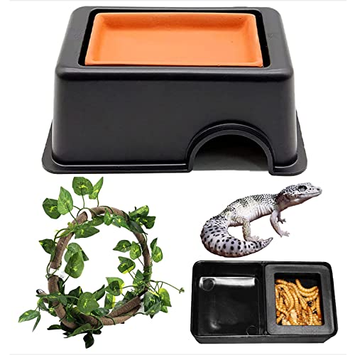 Woyrise Reptile Hideout Box with Sink Humidifier Help Your Pets Shedding Gecko Hide Cave& Jungle Vine Leaves Habitat Decor for Bearded Dragons Lizards Leopard Gecko Spiders Turtles and Snakes