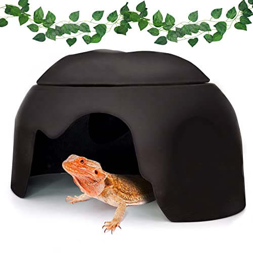 Hamiledyi Reptile Hide Box Leopard Gecko Hideout Cave Lizards Hideaway Hut Flexible Leaves Pet Habitat Decor for Snakes Leopard Spiders Turtles Amphibians