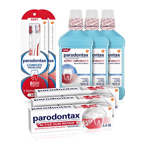 Parodontax Active Gum Repair Whitening Toothpaste - 3.4 Oz x 3, Parodontax Complete Protection Soft Toothbrush Pack - 4 Ct, Parodontax Active Gum Health Mouthwash - 16.9 Fl Oz x 3 Convenience Pack