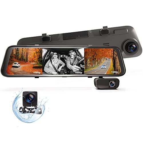 REXING M3 3 Channel Mirrored Dash Cam w/GPS, 12 IPS Touch Screen, 1080p Front +1080p Cabin +1080p Rear Recording, Parking Monitor, Night Vision, Stream Media, Auto-Backup Camera for Car, Truck, Taxi