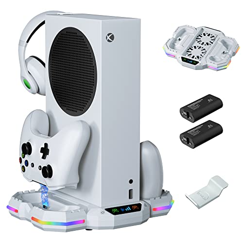 Cooling Stand with Controller Charging Station for Xbox Series S, ZAONOOL Dual Charger Dock & Cooling Fan for Console Accessories with 13 RGB Lights, 2*Rechargeable Battery, Headset Hook & USB3.1 Port