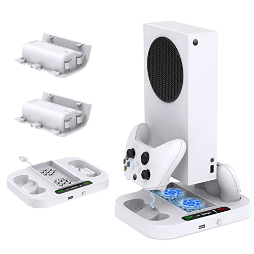 Upgraded Vertical Cooling Stand with Suction Cooling Fan and Dual Controller Charger Station for Xbox Series S, Suction Cooler Fan with Charging Dock Station and 2X 1400 mAH Rechargeable Battery Packs