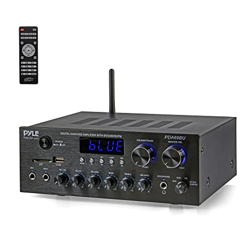 Pyle Bluetooth Home Audio Amplifier Receiver Stereo 300W Dual Channel Sound Audio System w/MP3, USB, SD, AUX, RCA, MIC, Headphone, FM, LED, Reverb Delay, for Home Theater Speakers, Studio - PDA69BU