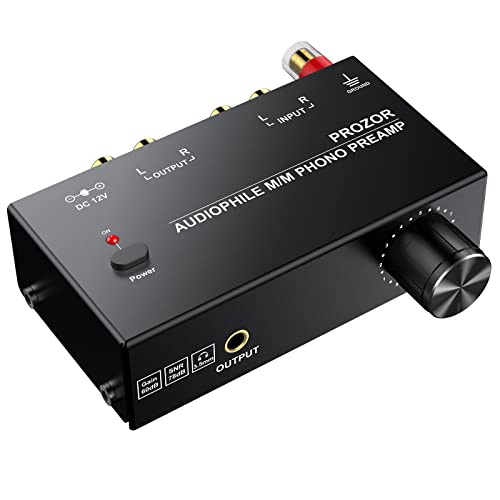 PROZOR Pre-Amplifier for Turntable Audiophile M/M Phono preamp with Level Volume Controls 2 RCA and 3.5mm interfaces Including 12V 1A Power Adapter