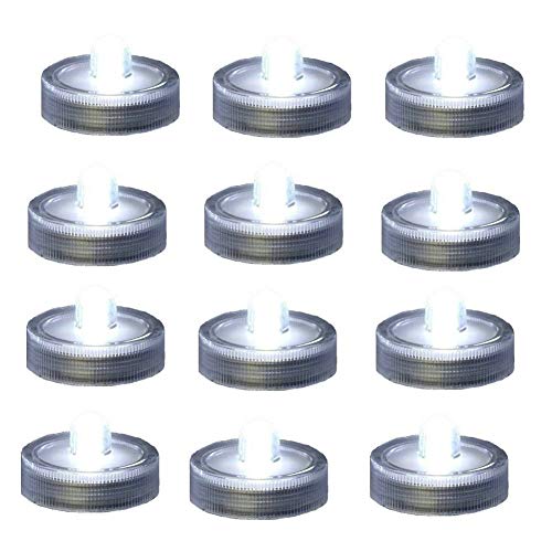 Bright LED Battery Operated Flameless Tea Light, Submersible Tea Candle Waterproof Decorations Underwater Vase Light for Party & Wedding, Pack of 12, Clear White