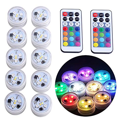 KUCAM Mini Submersible LED Lights, Waterproof Small LED Tea Lights Candle with Remote Battery Operated,RGB Color Changing for Vase Home Party Wedding Table Centerpieces,10 Pack