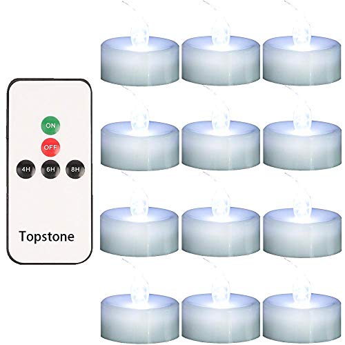 Topstone Remote Controlled LED Tea Light,White Flickering Bulb,Long Lasting Battery Operated LED Votive Candle with Timer,Pack of 12