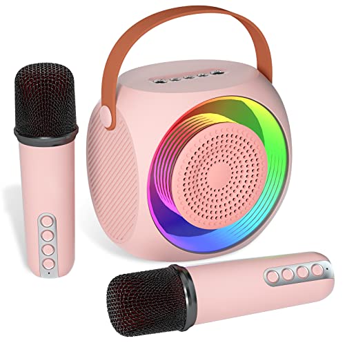 MicPioneer Karaoke Machine for Kids, Portable Bluetooth Karaoke Speaker Machine with 2 Microphones and Led Lights for Kids and Adults for Birthday Gift Home Party, Supports TF Card/USB/AUX in(Pink)