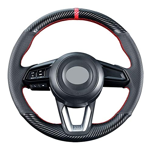 Carkooler DIY Steering Wheel Cover Custom Fit for 2017 2018 Mazda 3 / 2017-2020 Mazda CX-5 Mazda 6 / 2016-2020 CX-9 / 2018 2019 2020 CX-3 15 inches Black Leather Carbon Fiber Interior Accessories