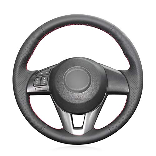 MEWANT Hand Sewn Black Leather Car Steering Wheel Cover for Mazda 3 2014-2016 Mazda 6 2014-2016 Mazda 2 2015-2017 CX-3 2016-2017 CX-5 2013-2016 for Scion iA 2017