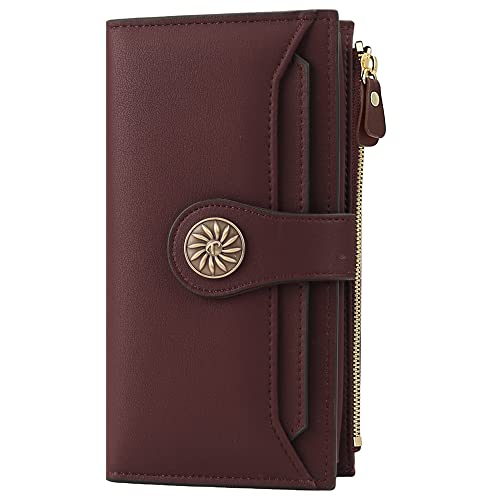 Travelambo Womens RFID Blocking Large Capacity Luxury Waxed Genuine Leather Clutch Wallet Multi Card Organizer (ReNapa Red Wine)