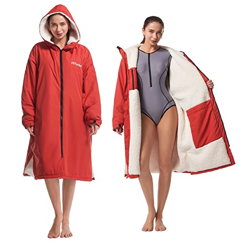 Hiturbo Swim Parka, Waterproof Changing Robe Windproof Surf Poncho Warm Oversized Coat with Hood Lightweight Thicken Fleece Lining (Red)