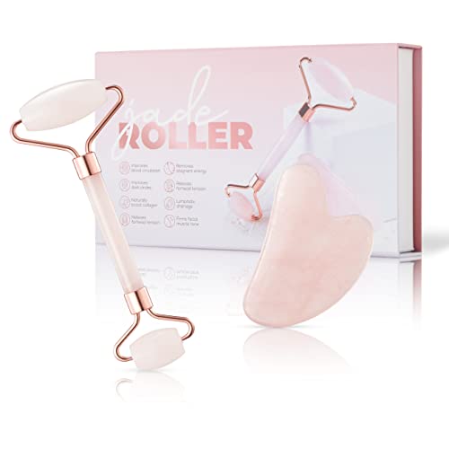 BRUN Jade Roller and Gua Sha Kit Genuine Rose Quartz for Face and Neck Massage  A Skin Care Roller for Facial Beauty  A Unique Gift Set for Women and girls on Birthday and Wedding