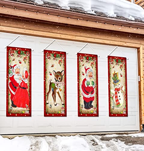 Large set of 4 Vintage Christmas Decorations Santa Claus Stretching Portraits Outdoor Vinyl Christmas Decoration, Vintage Christmas Backdrop Poster for New Year Indoor Outside Front Garage Door