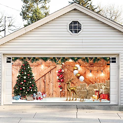 Christmas Garage Door Banner 6x13Ft Large Wooden Door Rustic Christmas Barn Wood Door Golden Deer Backdrop Christmas Party Decoration Holiday Background Sign Indoor Outdoor Wall Door House Decor