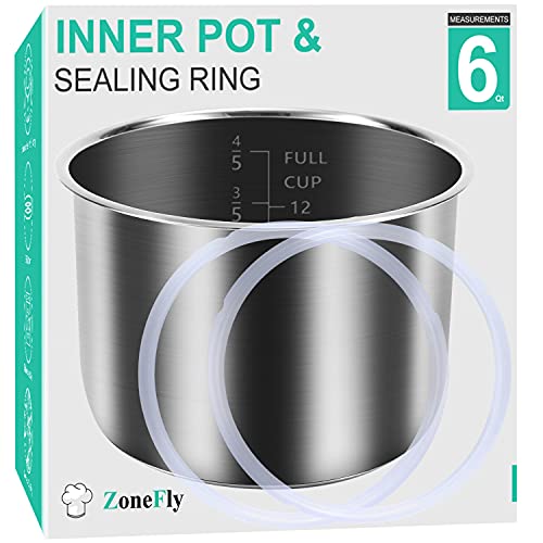 Inner Pot for Instant Pot 6 Qt, with 2-Pack 100% Silicone Sealing Ring Replacement Pot for InstaPot Cooking Pot Stainless Steel (Equivalent to IP-POT-SS304-60) Nonstick Pot for IP-DUO, LUX, CSG 6Qt