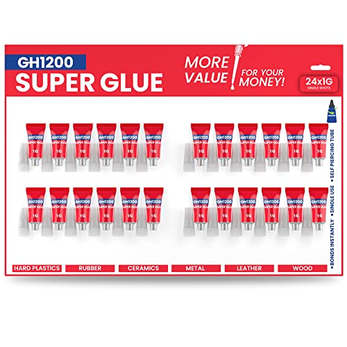 1 Gram (Pack of 24) Single use Super Glue All Purpose, Super Fast, Thick & Strong Adhesive Superglue, Cyanoacrylate Glue for Hard Plastics, DIY Craft, Ceramics, Frame, Leather, Metal Etc