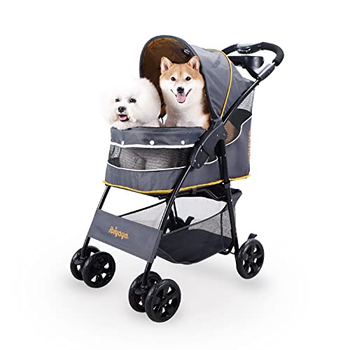 ibiyaya Cloud 9 Pet Stroller for Small Dogs, Medium Dogs, Cats - Lightweight Dog Stroller with One-Step Folding Design and Adjustable Handle - Ideal for Indoors, Outdoors - Fits up to 44lbs (Yellow)