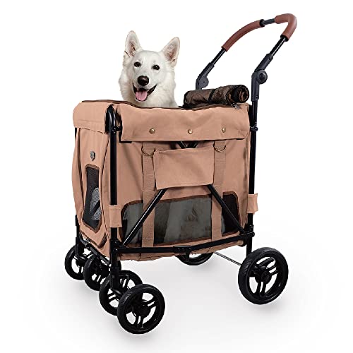 Ibiyaya Pet Stroller for Large Dogs, Medium Dogs, Cats - Heavy-Duty Dog Stroller with Top and Front Entry - Durable Cat Stroller with Adjustable Handle for Walks, Jogging - Premium Pet Stroller (Pink)