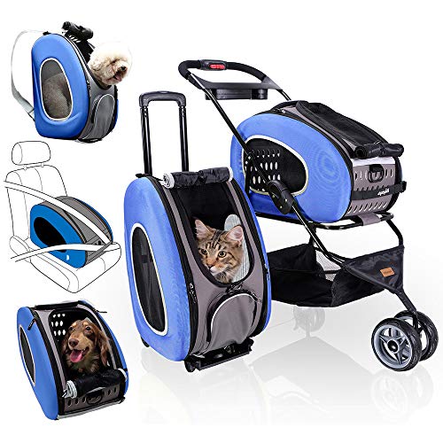 5-in-1 Pet Carrier with Backpack, Pet Carrier Stroller, Shoulder Strap, Carriers with Wheels for Dogs and Cats - Blue