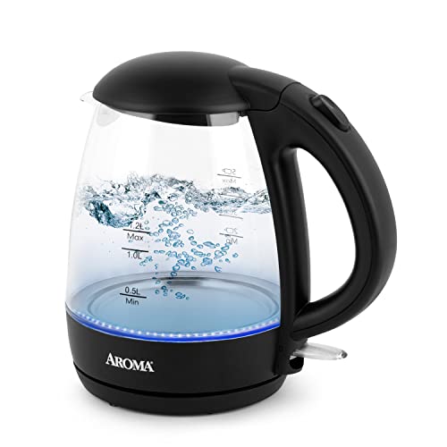 AROMA 1.2L / 5-Cup Glass Electric Kettle with Cordless Pouring, Trigger-Release Lid, Automatic Shut-off, Black (AWK-151B)