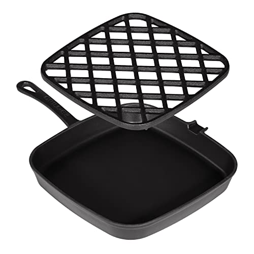 GRILL-EZ Grill Pan - 2-Part Cast Iron Grill Pan with Removable Grill Grate - Square Pans for Grilling, Searing, BBQ, and More - Oven-Safe Up To 450 - Ready Criss Cross Lines - Also Use as Griddle