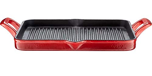 La Cuisine 7100 Enameled Cast Iron Rectangular Grill Pan, Griddle Pan - 11.4 x 10.2 x 1 Inches 2-Tone RED porcelain enamel coating finish exterior