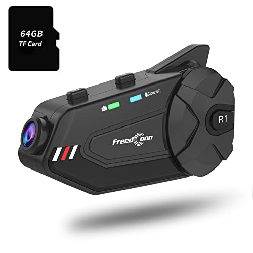 FreedConn Motorcycle Bluetooth Headset R1plus with Camera Helmet Bluetooth 1080P 1000M 6 Riders Group Intercom Waterproof Wireless Helmet Cameras for Motorcycles(Comes with 64G TF Card)