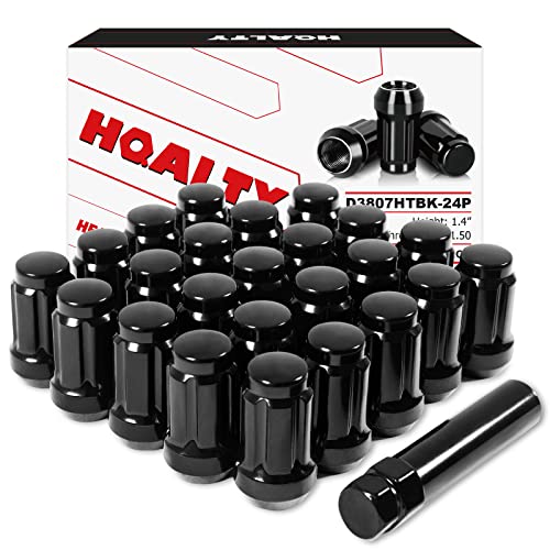 HQALTY M12x1.5 Lug Nuts 24Pcs Glossy Black Cone Seat Closed End Bulge Style Wheel & Tire Lug Nuts 1.4'' Long 3/4'' Hex Anti-Rust Nuts Replacement for Ford Toyota Honda Nissan with 1 Hex Socket Key