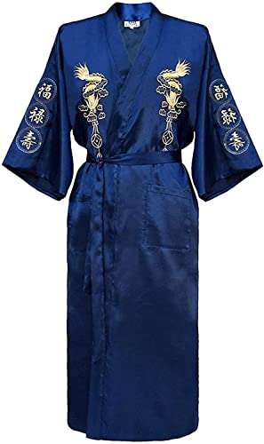 Bon amixyl Chinese Men's Silk Satin Embroidered Kimono Robe (Navy, XL)