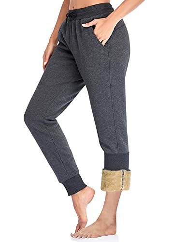 FIRST WAY Women's Thermal Sherpa Lining Jogger Fleece Lounge Pants with Pockets Drawstring Sweatpants for Winter Charcoal S