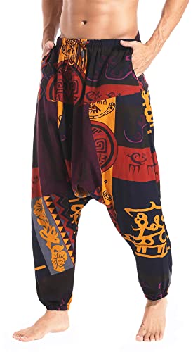 perdontoo Men's Hippie Harem Pants Cotton Boho Yoga Baggy Drop Crotch Trouser (38, Style 1)