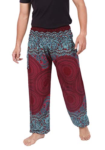 Banjamath Mens Yoga Harem Lounge Boho Parachute Loose Baggy Pants (Mandala Red, Waist 32-36)