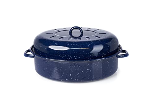 IMUSA USA 19.29" Traditional Vintage Style Blue Speckled Enamel on Steel Covered Oval Roaster