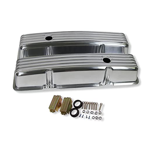DEMOTOR PERFORMANCE Retro Finned Polished Aluminum Tall Valve Covers For 58-86 SBC Chevy 327 350 400