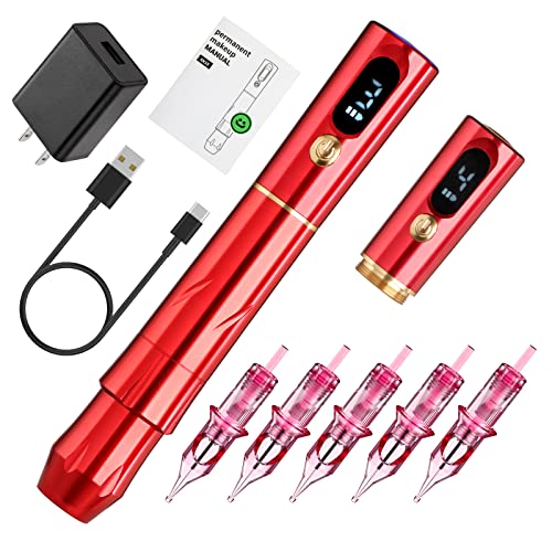 Permanent Makeup Machine Wireless Tattoo Eyebrow Pen Makeup Wireless Rotary Machine Pen with 2 Battery 5pcs Cartridge Needles for Eyebrows,Eyeliners, Lips and Mts (Red)EK15-2-US