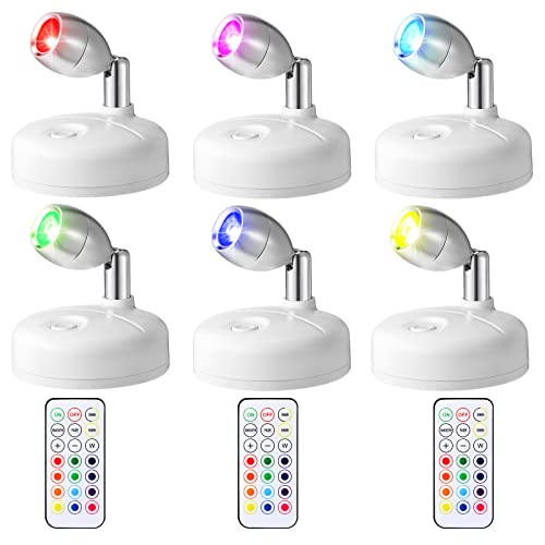 6 Pieces Battery Operated Spotlights Indoor LED Wireless Spotlight Indoor 13 Color up Lights with Rotatable Light Head Stick on Wall Hallway for Painting Picture Artwork Closet(White)