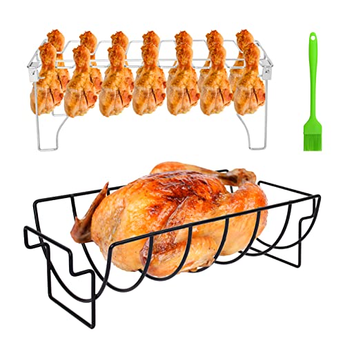 6-Slots Reversible Roasting Rib Rack with 14-Slots Chicken Leg Wing Rack for Smoking & Grilling, FLMOUTN No-Stick BBQ Roast Rack Set with Oil Brush, for Cook Camping Picnic
