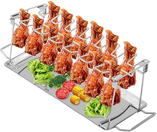 Finderomend Chicken Leg Rack for Grill, Wing Rack 14 Slots Stainless Steel Metal Roaster Stand with Drip Pan for Smoker Grill or Oven, Dishwasher Safe, Great for BBQ, Picnic (with Stand)