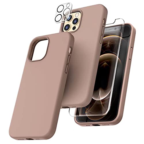 TOCOL 5 in 1 for iPhone 12 Pro Max Phone Case, with 2 Pack Screen Protector + 2 Pack Camera Lens Protector, Liquid Silicone Slim Shockproof Phone Cover [Anti-Scratch] [Drop Protection], Brown