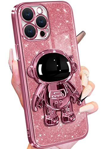 Buleens for iPhone 12 Pro Max Case Astronaut, Clear Cases for iPhone 12 Pro Max with Glitter Paper & Spaceman Stand, Women Girls Cute Electroplated Sparkly Space Phone Cover for 12 Promax Pink