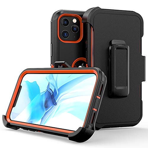 TASHHAR Phone Case for iPhone 12 Pro Max Phone, Heavy Duty Hard Shockproof Armor Protector Case Cover with Belt Clip Holster for Apple iPhone 12 6.7 5G 2020 (Black+Orange)