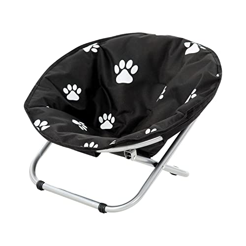 Etna Folding Pet Cot Chair - Portable Round Fold Out Elevated Cat Bed, Black and White Water Resistant Paw Print Cushion, Papsan Chair for Small Dogs