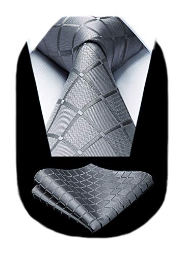 HISDERN Plaid Tie Handkerchief Woven Classic Men's Necktie & Pocket Square Set Grey Ties for Men Formal Wedding Business Gray Tie Set