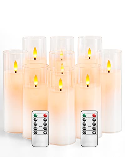 kakoya Flickering Flameless Candles Battery Operated with Remote and 2/4/6/8 H Timer Plexiglass Led Pillar Candles Pack of 9 (D2.2"xH 5"6"7")with Realistic Moving Wick Candles for Home Decor(White)