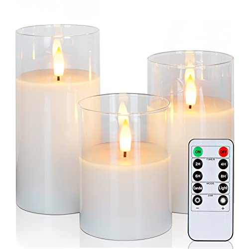 Amagic Clear Glass Flameless Candles Battery Operated with Timer, Remote Control, LED Pillar Candles Battery Powered, Pure White Wax, D3 H4 5" 6", Set of 3