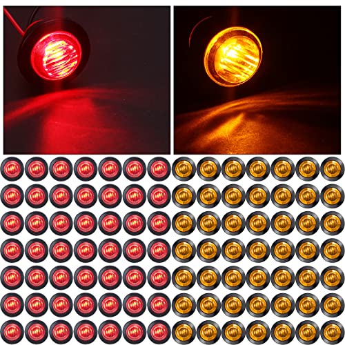 100 Pieces 3/4 Inch Round LED Side Marker Lights, 3 LEDs Front Rear Side Indicator Lights Yellow and Red Turn Signal Lights IP68 Waterproof Lamp for Truck Trailer Lorry Bus Caravan Boat, 12V